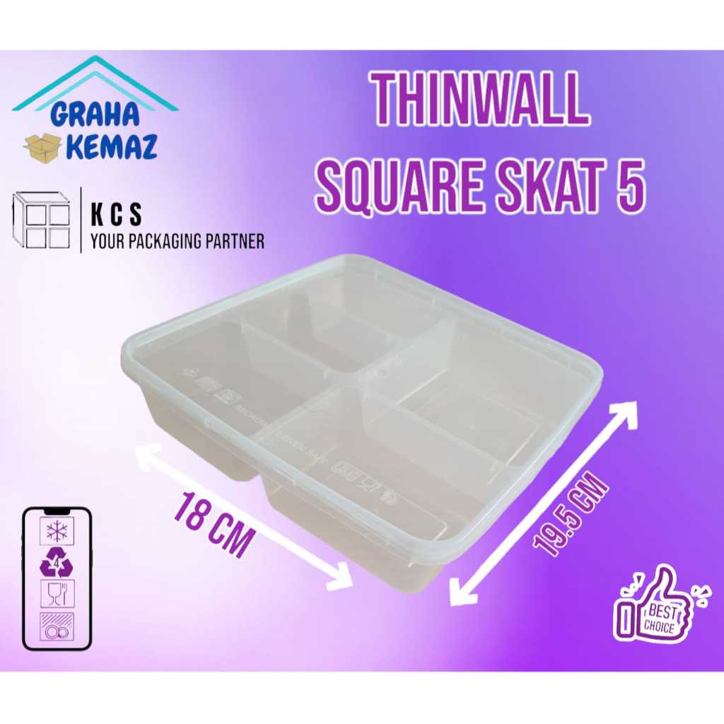 Thinwall KCS Sekat 5 (SQ 5S) Isi 25 Kotak Makan Nasi Bento Kontainer Square Food Murah bening 5 Lauk