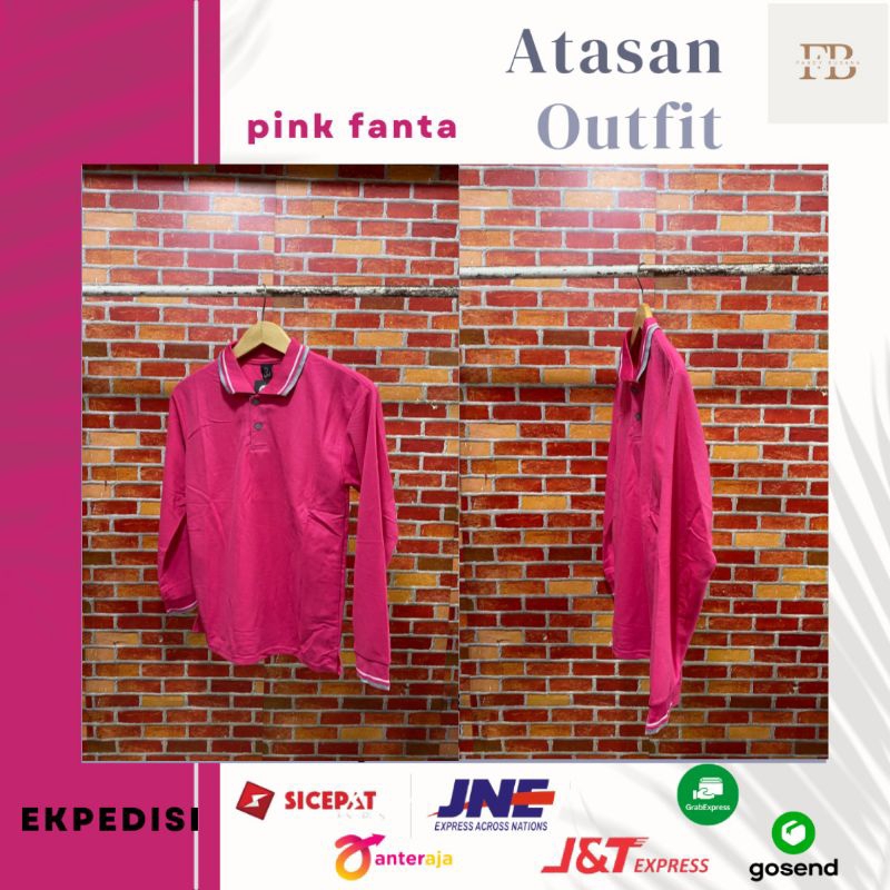 baju kaos polos kerah lengan panjang pria wanita warna pink fanta