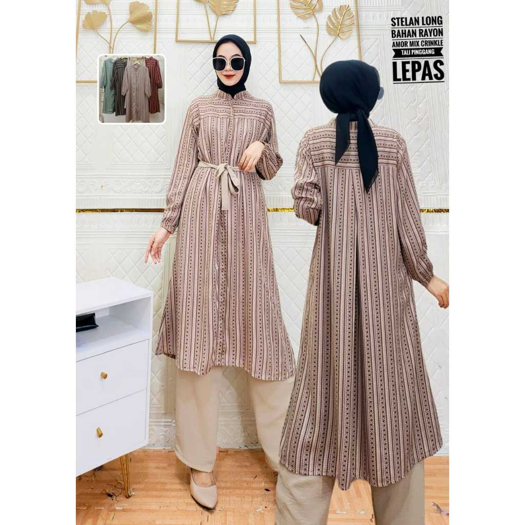 Setelan One Set Tunik bahan Rayon mix Crinkle Viral