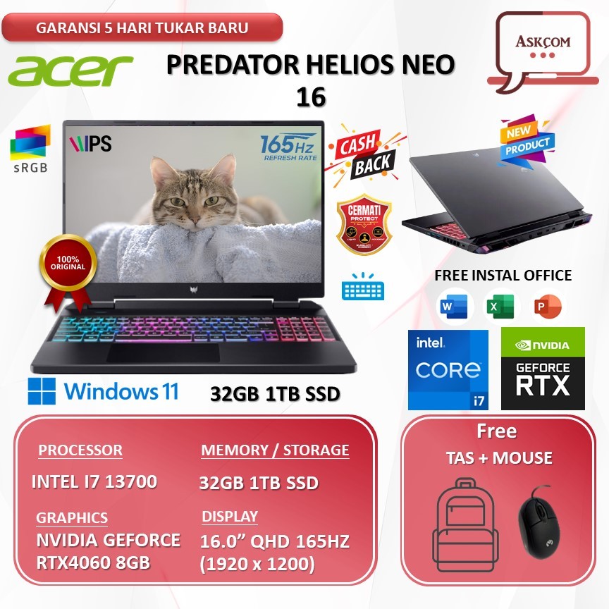 Laptop Acer Predator Helios Neo 16 PHN16 RTX4060 8GB I7 13700HX | 32GB 1TBSSD W11 16.0QHD IPS 165HZ