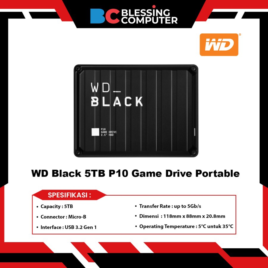 WD Black 5TB P10 Game Drive Portable for PS5/PS4/Xbox One/PC/Mac USB 3.2 WDBA3A0050BBK-WESN Black
