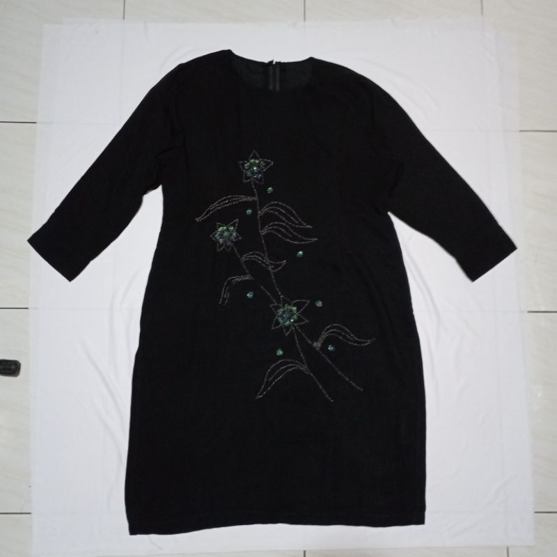 PL gamis ibu manik manik warna hitam bahan shiffon midi dress tunik panjang
