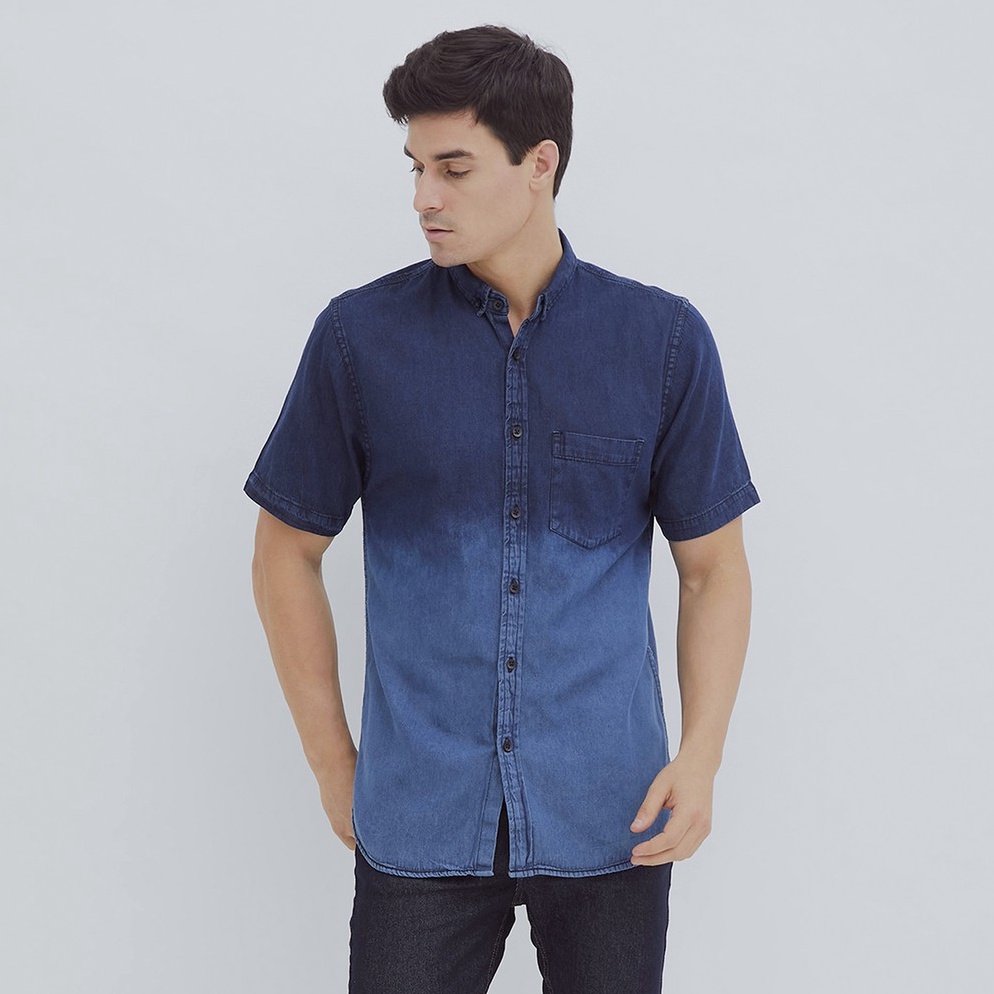 KODE D15P HILLBOSS Kemeja Jeans Lengan Pendek Pria Biru Jamie  Casual Denim Shirt Two Tone Medium Bl