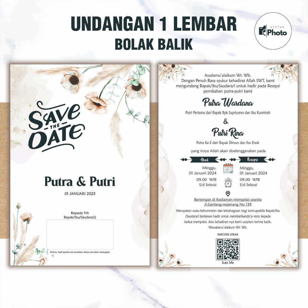 Undangan Pernikahan Murah Aesthetic 1 Lembar 2 Sisi | Undangan Pernikahan Unik Murah | Undangan khit