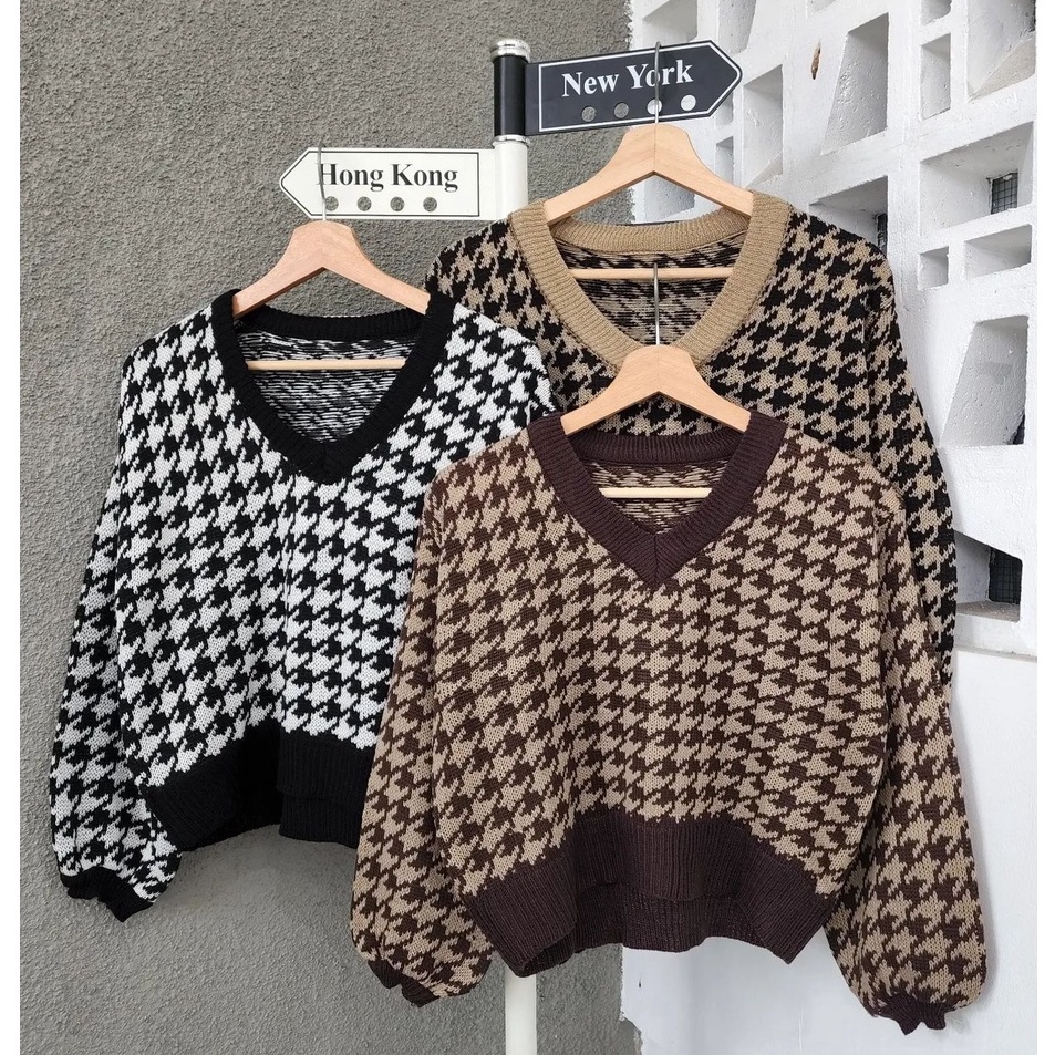 Pilih Ini Crop Sweater Houndstooth  Rajut Outer Wanita Trendy Murah  Sweater Rajut Crop Top