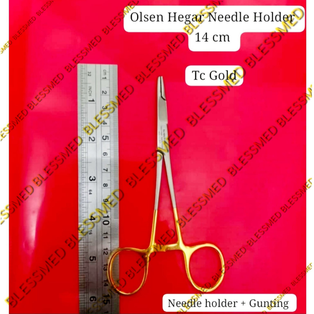 Olsen Hegar Needle Holder Tungsten Carbide Gold Handle (Needle Holder + Gunting) Premium Quality