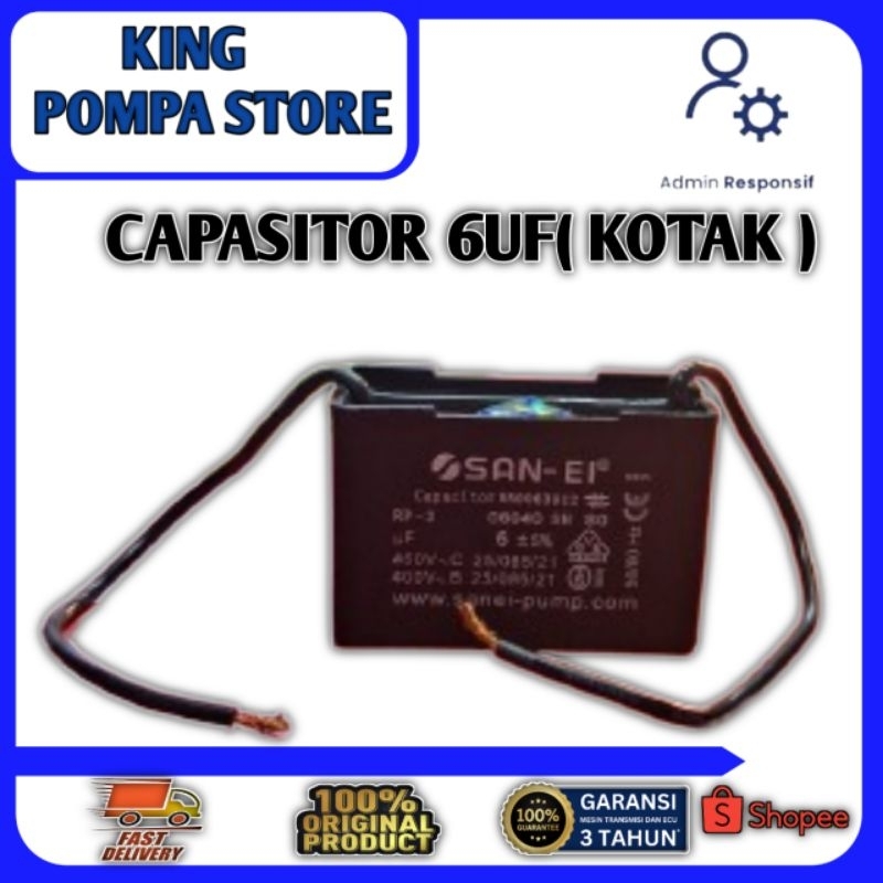 CAPASITOR KOTAK 6UF  KHUSUS POMPA AIR PANASONIC 129 DAN SANYO 129 CAPASITOR 6UF TERBUAT DARI BAHAN T