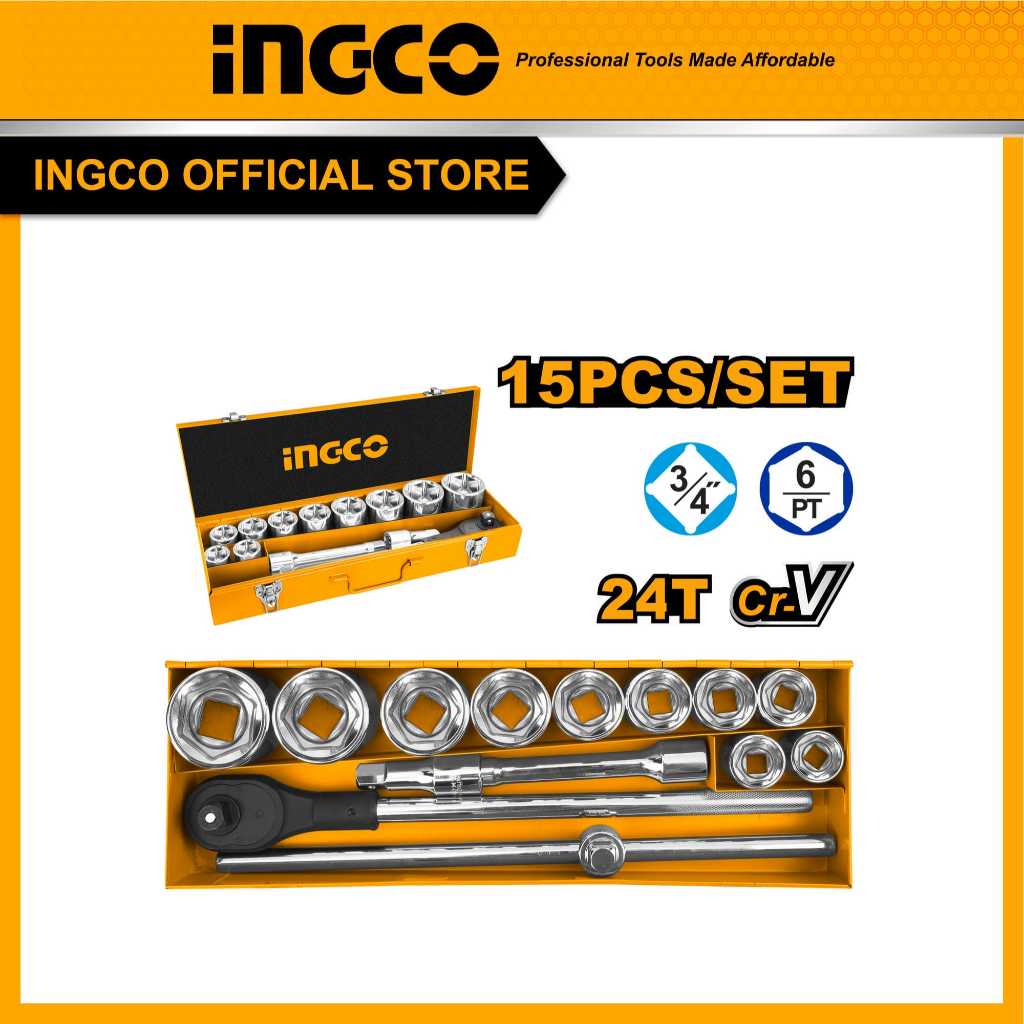 (INGCO) - 15Pcs 3/4" Ratchet Socket Set INGCO HKTS034151 - Kunci Sok Shock Soket