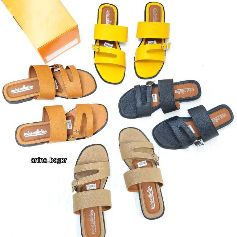 Sandal selop teplek wanita terbaru/sandal selop teplek tali gesfer motif bahan kulit jeruk