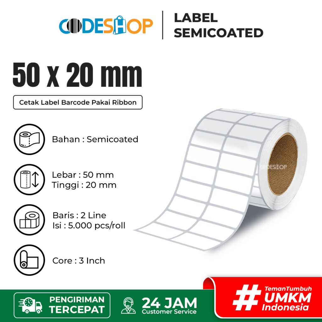 

Codeshop Stiker Label Barcode 50 x 20mm Semicoated 3" Core Besar isi 5000 pcs