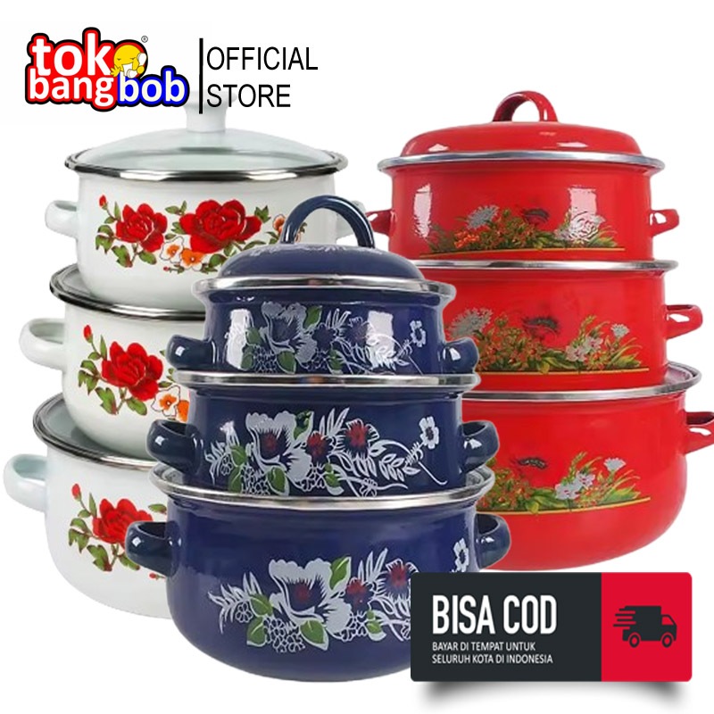 Panci Bunga Calypso 3 Susun / Panci Enamel Bunga Set 3pcs
