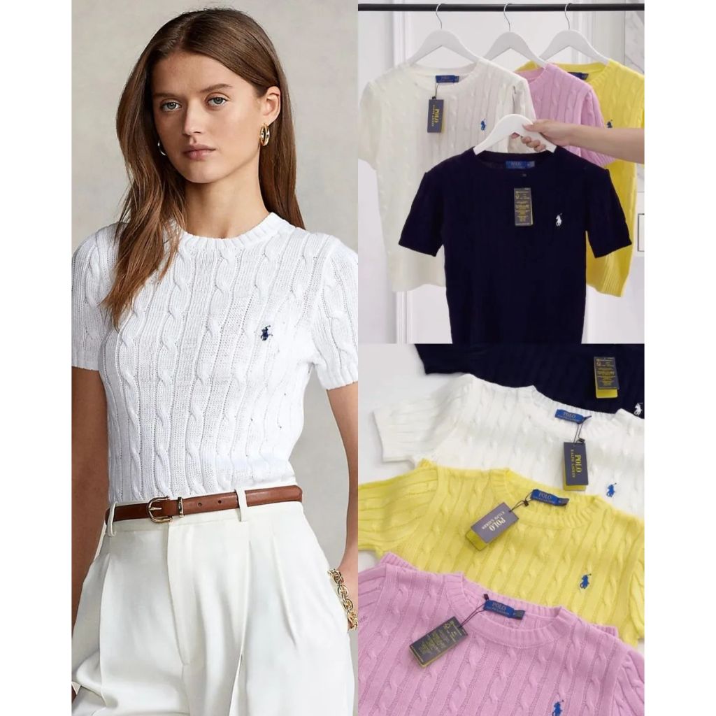 RalphLauren Cable-Knit Cotton Crewneck Sweater Short Sleeve - Baju Rajut Knit Lengan Pendek Wanita