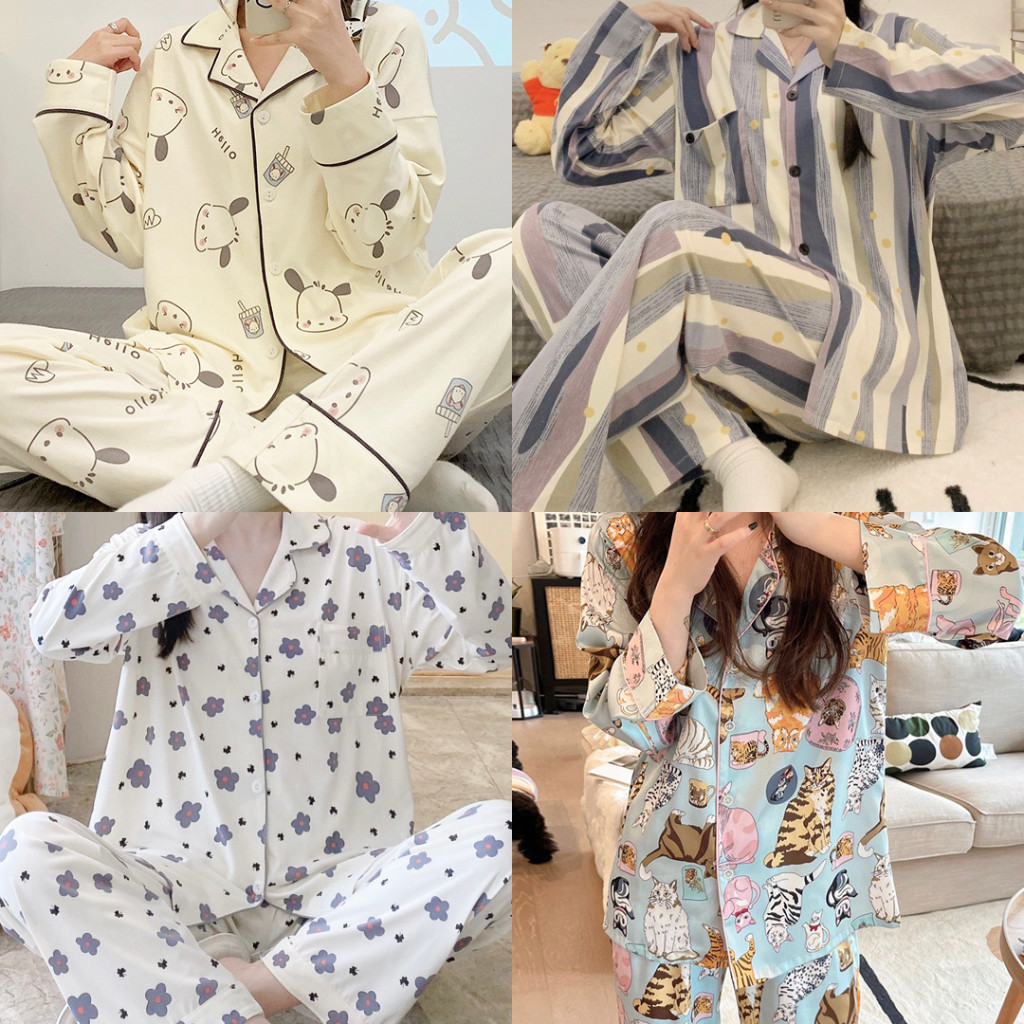 LEISURE WEAR PREMIUM Piyama Baju Tidur Wanita PP Import Model Korea Fashion Kerah Kancing Lengan Pan