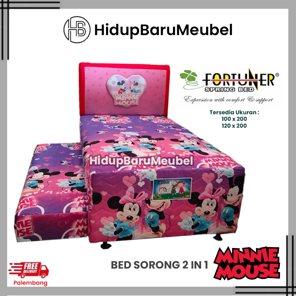 Spring Bed Sorong Fortuner 2 in 1 Minnie Mouse / Kasur Sorong Anak Karakter Cewe / Bed Dorong Anak