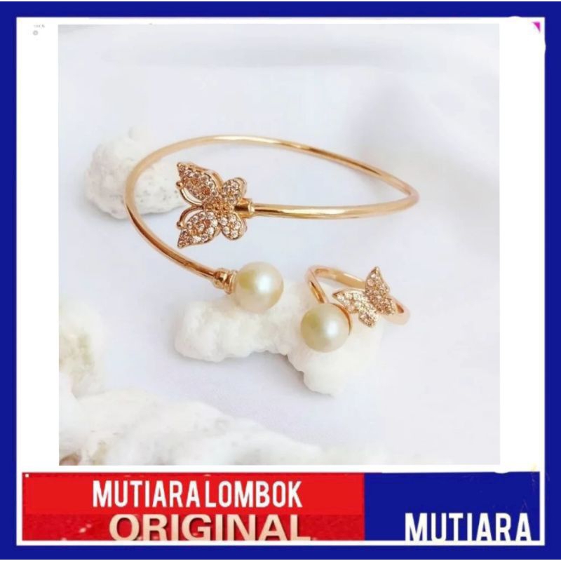 set perhiasan gelang cincin mutiara air laut asli lombok gelang mutiara asli cincin mutiara laut