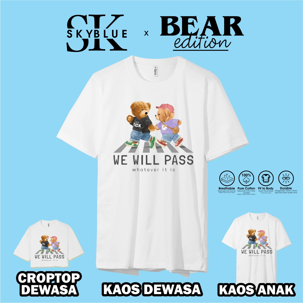 OFFICIAL SKYBLUE kaos baju atasan t shirt TEDDY BEAR WE WILL PASS combed 30s oversize croptop cowok 
