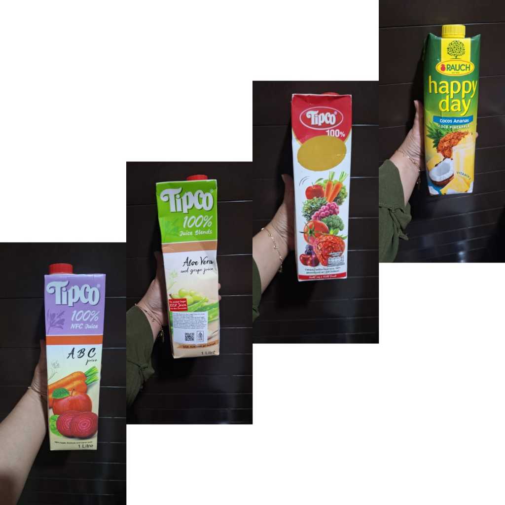 

TIPCO JUICE 1LT ALL VARIAN // ABC JUICE // ALOE VERA AND GRAPE JUICE // MIXED VEGETABLE & FRUIT PROFIBER // RAUCH HAPPY DAY