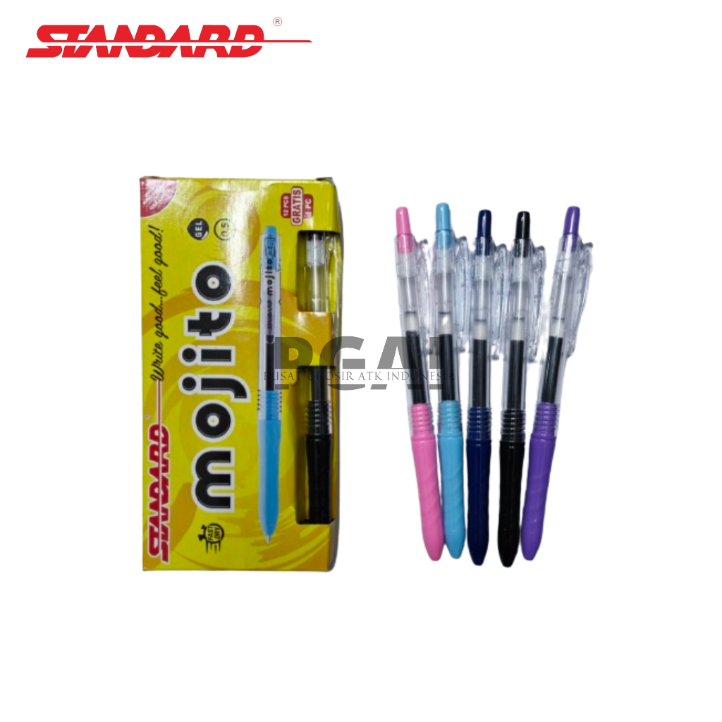 

BOLPOIN BULPOIN PULPEN BALLPOINT STANDARD MOJITO GEL PEN 0.5 MM 1 PACK ISI 12 PCS FREE 1 STATIONERY