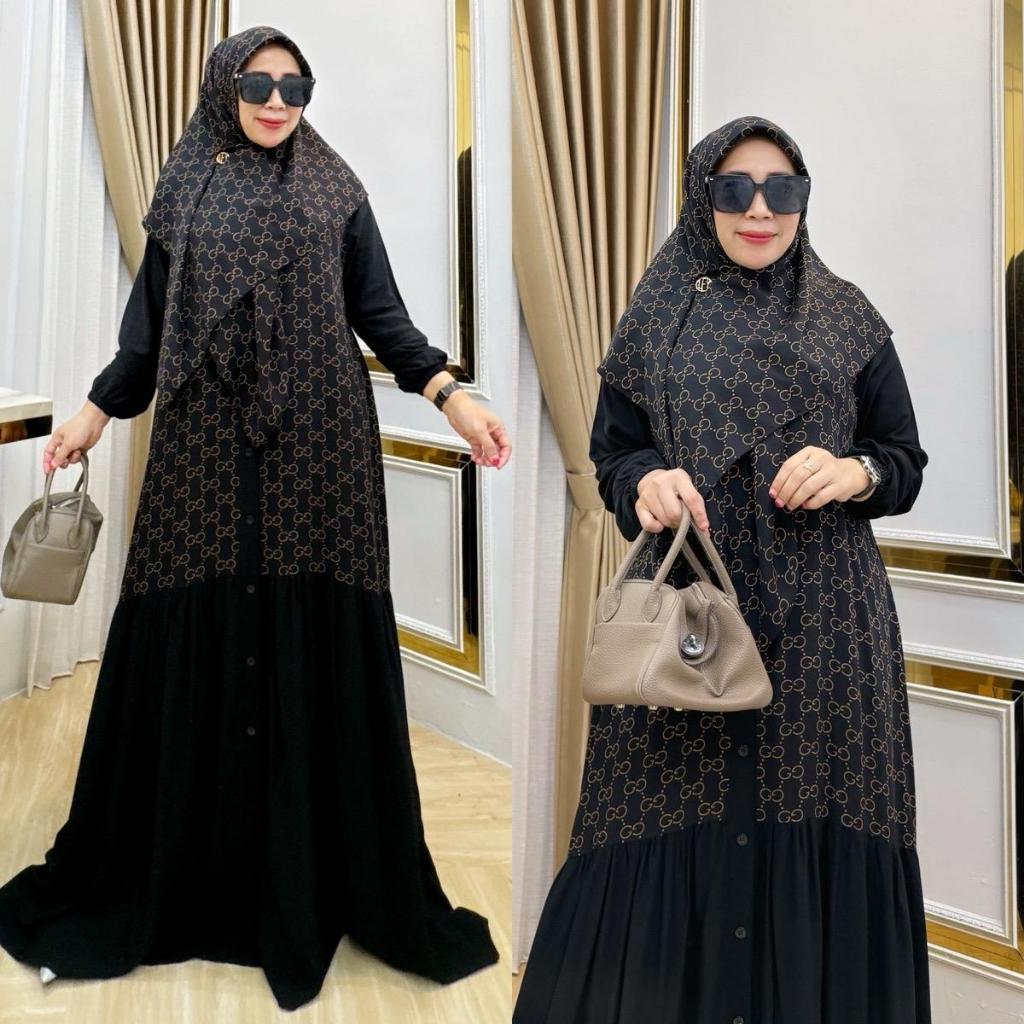 Gamis Set Jilbab Grasia Muslim Fashion Rayon viscose Hitam Polos Dress Fit