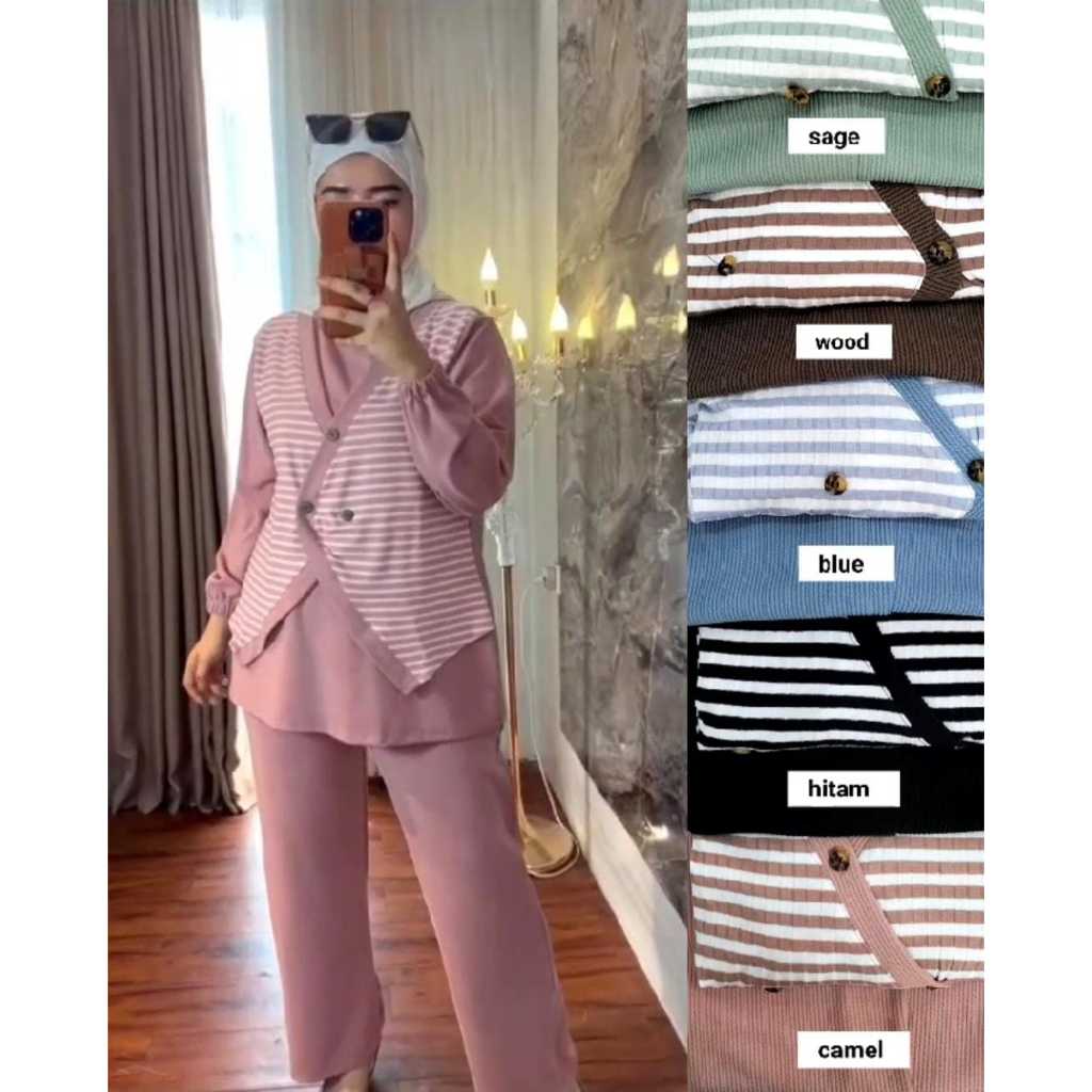 ONE SET KNIT SALUR MIX RAJUT POLOS SETELAN INNER GARIS - GARIS CELANA SNOW RIB TERBARU ONESET ROMPI 