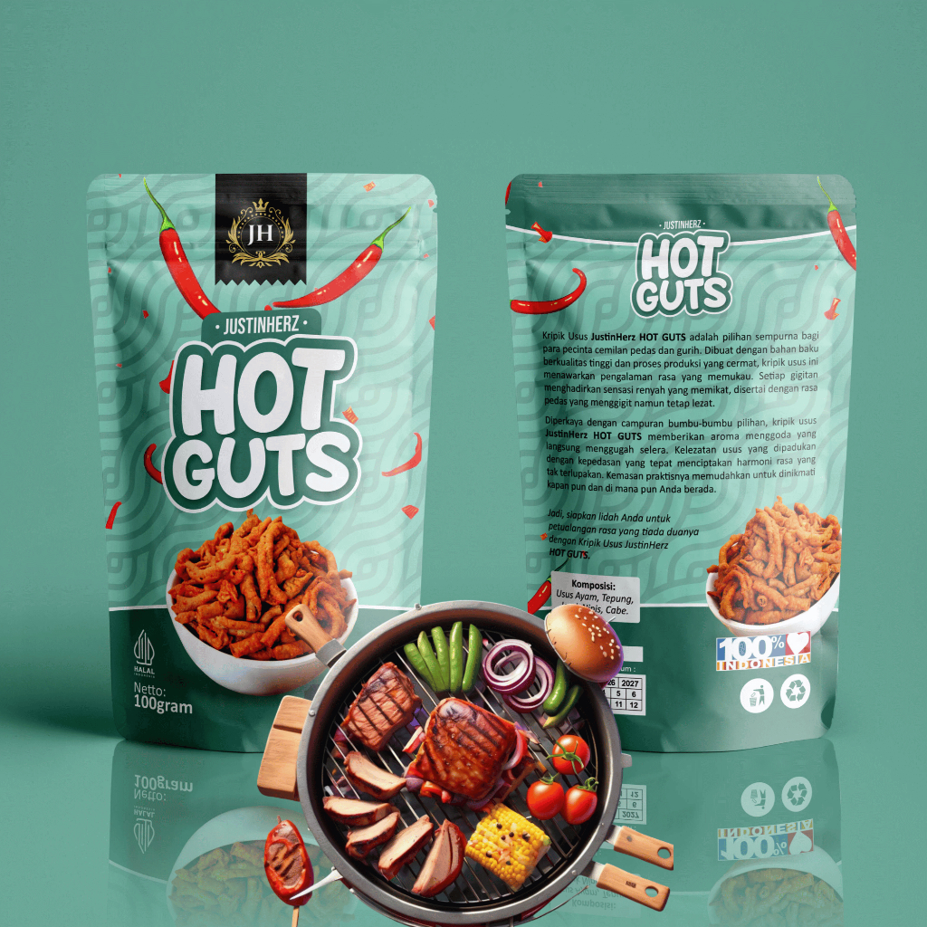 

..:: PROMO LAUNCH ::.. JustinHerz HOT GUTS - Keripik Usus Pedas Rasa BARBEQUE - Kripik Usus Krispi Pedas Daun Jeruk