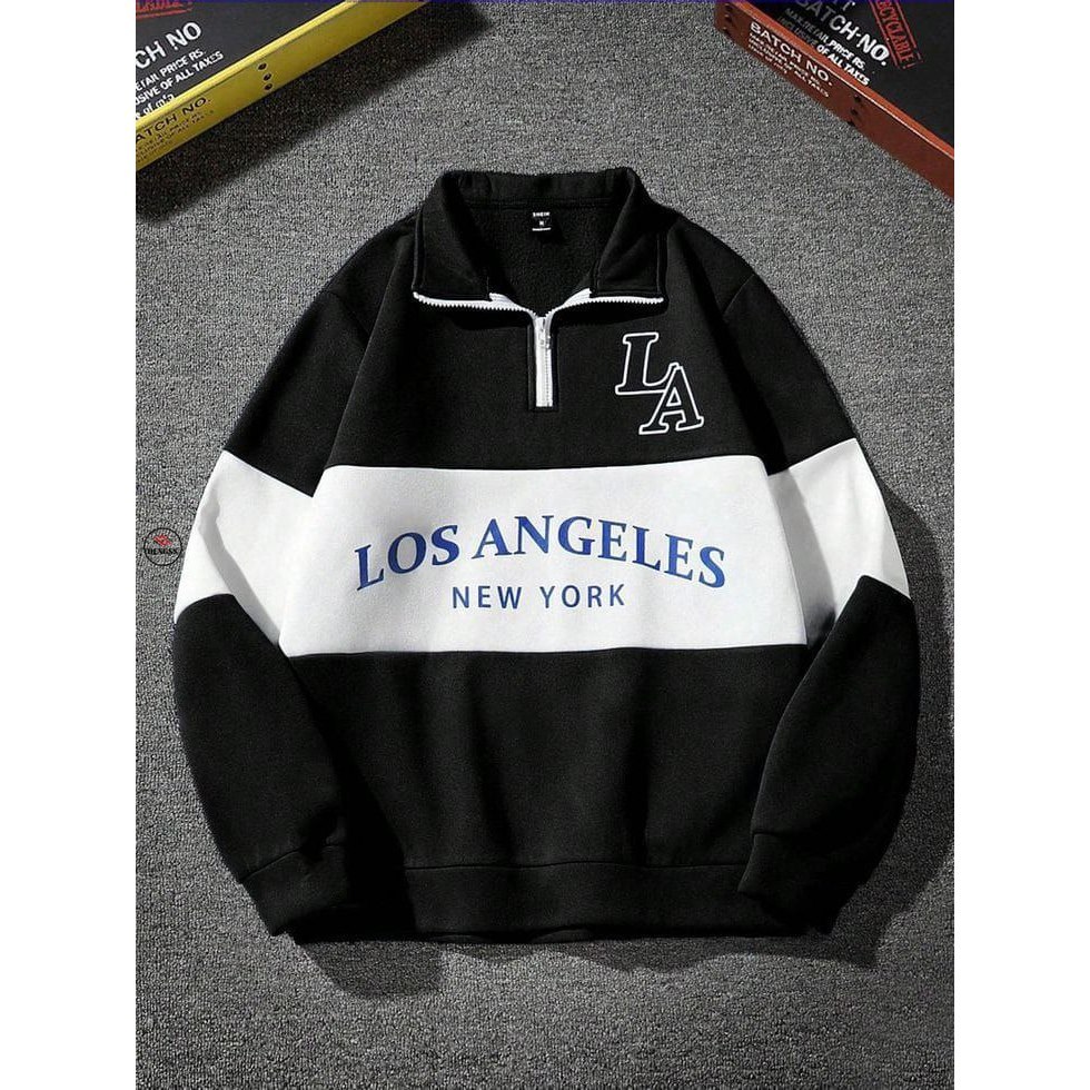 Sweater Rugby Half Zipper Los Angeles New York Two Tone Outer Pria Wanita Unisex