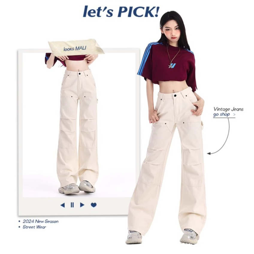 Celana Jeans high waist cargo Jeans wanita Loose Celana Jeans Wanita Korea lurus Celana