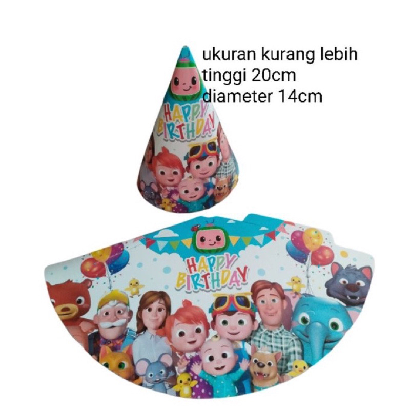 Topi ulang tahun model kerucut gambar karakter cocomelon jj / perlengkapan pesta ultah anak hat hias