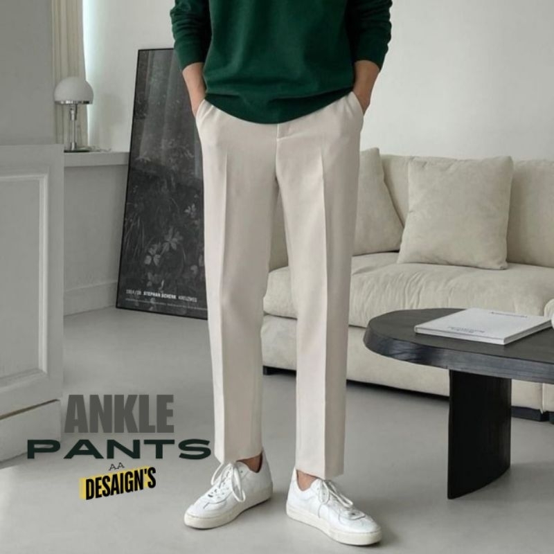 Celana Bahan Formal Ankle Pants Pria Slimfit Polos Bahan Semi Wool Korean Style