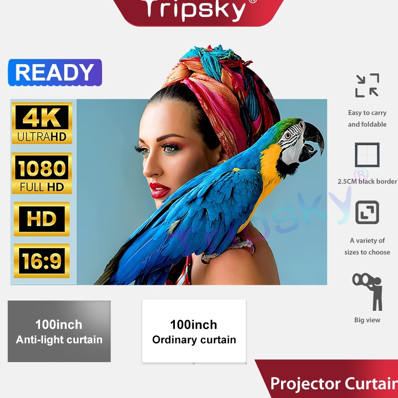 Koleksi Terbaru Tripsky NEW Layar Dinding Proyektor Tahan Cahaya Layar Dinding Proyektor 1 Inch Roll