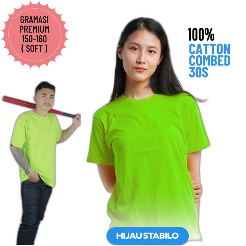 Kaos Polos Hijau Stabilo Pendek Premium Catton Combed 30s 100% Original/ Cowok Cewek/ Saebrand.Id