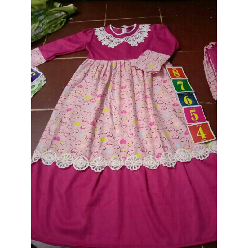 BAJU ANAK ✔ Gamis bahan katun jepang MOTIF bunga cantik  mix toyobo plus Renda size dari  LD 70cm sa