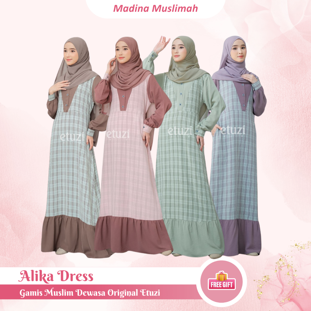 [Original] Etuzi Alika Dress Gamis Crinkle Airflow Lembut Premium Motif Polos dan Kotak Busui Friend