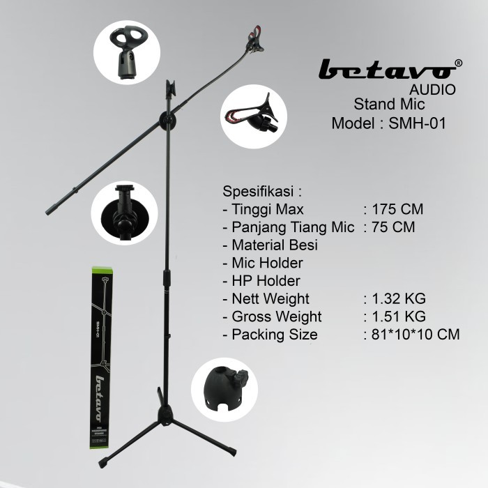Stand MIC BETAVO SHM 01 Stand Mic + Jepit HP Body Besi Tinggi 165cm