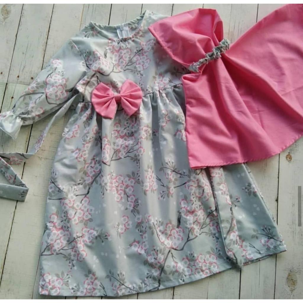 Gamis / baju muslim anak annisa flowers plus hijab abu-abu pink