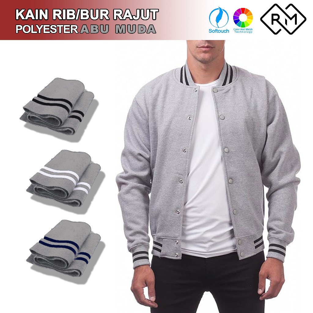 Kain rib/bur polyester abu muda polos dan salur jaket varsity jogger dan hoodie premium
