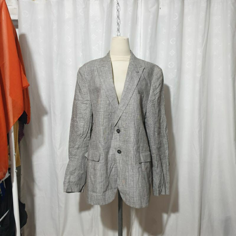Blazer jas pria big size abu bergaris oxford