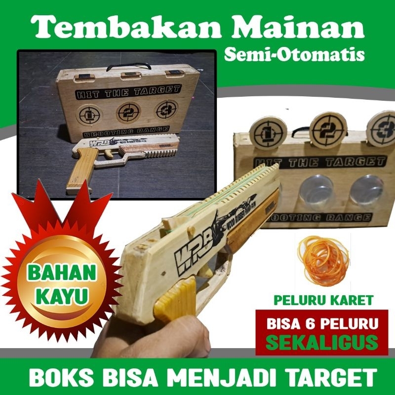 Tembakan Mainan Bahan Kayu semi otomatis. bisa isi 6 peluru sekaligus. Peluru Karet Gelang.