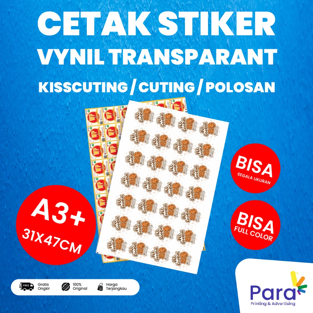 

CETAK STIKER VYNIL TRANSPARANT A3+ | KISSCUT, CUTING PUTUS, POLOSAN| FULL COLOR