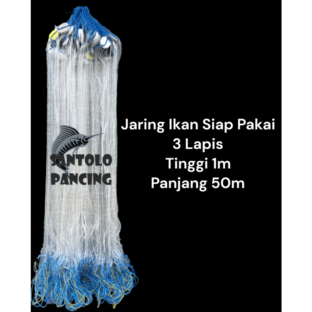 Jaring ikan siap pakai jaring untuk menangkap ikan 3 lapis tinggi 1m panjang 50m jaring luar 2 1/2in