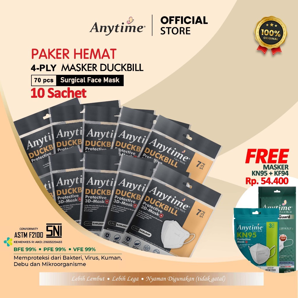 (Paket Hemat 5 & 10 Sachet) Anytime Masker Duckbill 4 Ply Earloop Medis Lembut dan Nyaman with Nose 