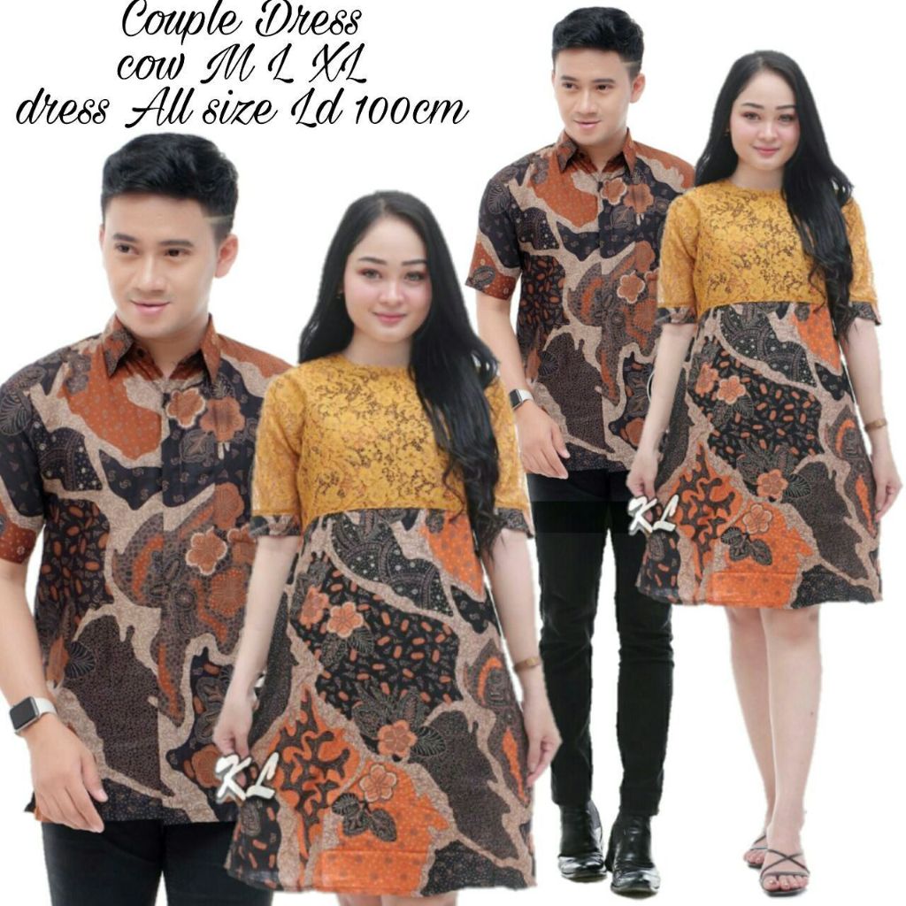 Fairyrozi Batik Couple Swastika Kuning Dress Brokat Modern Wanita & Kemeja Pria Lengan Pendek Bahan 