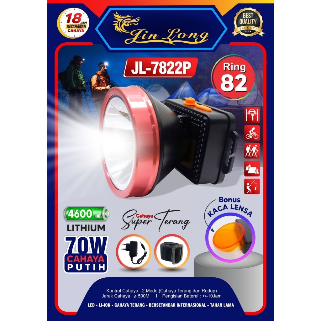 SENTER KEPALA HEADLAMP JL-7822P 70W RING 82 CAHAYA SUPER TERANG