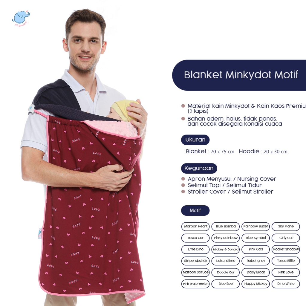 Elephas 3 in 1 Blanket Minky  Dot Motif Series - Selimut bayi premium hoodie blanket motif series