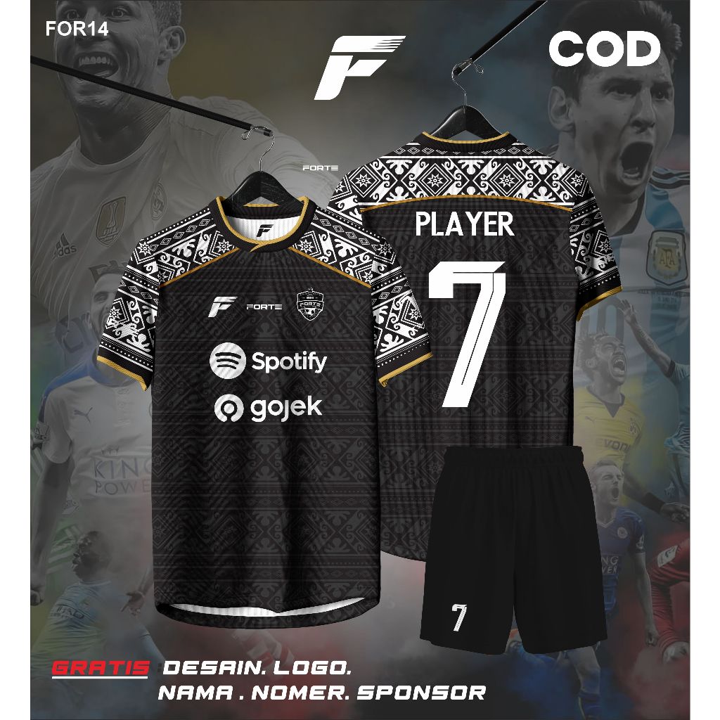 JERSEY FUTSAL BOLA PRINTING CUSTOM NAMA NOMER DAN LOGO MOTIF BATIK HITAM GARIS GOLD