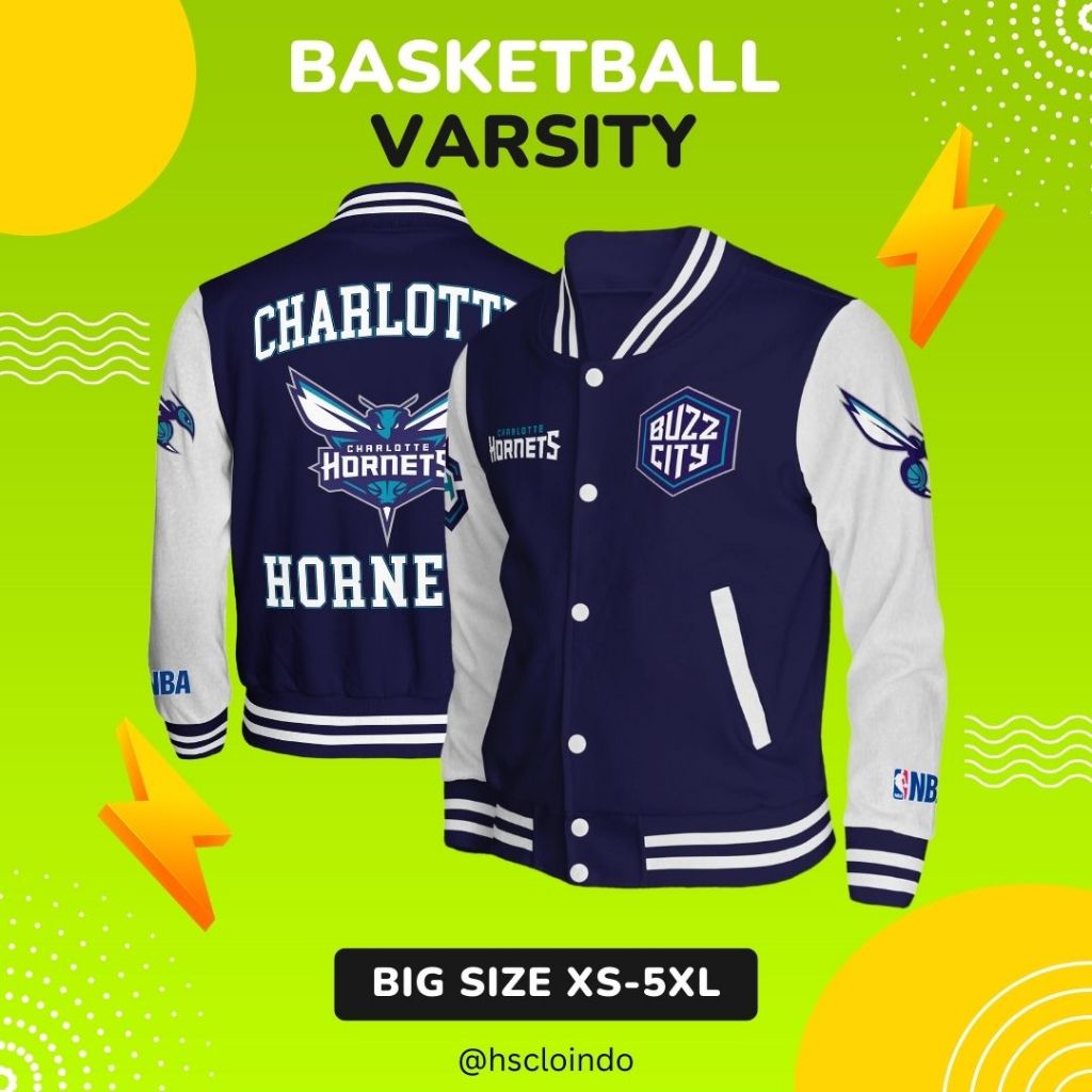 Jaket BOMBER Varsity HSCLO Charlotte Hornets NBA Basketball Sport Big Size Bahan Fleece Ukuran Jumbo
