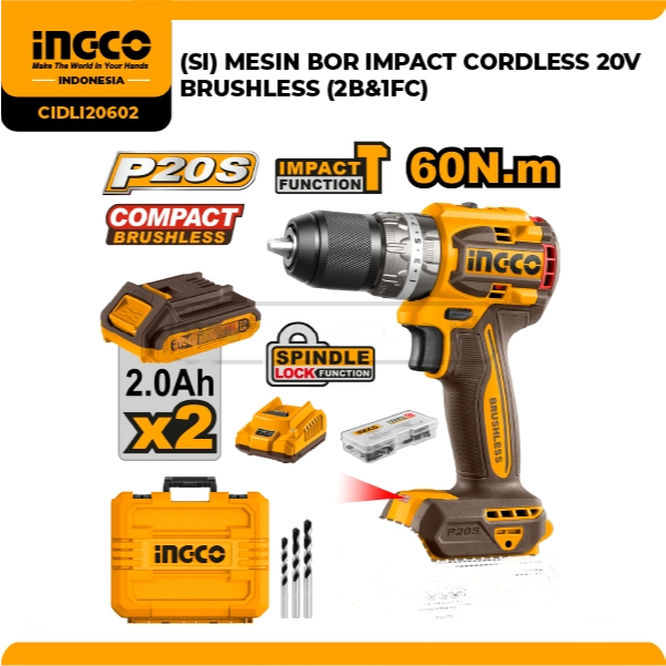 MESIN BOR IMPACT CORDLESS MESIN BOR BETON BESI KAYU 13MM 20V BRUSHLESS 2 BATERAI & 1 FAST CHARGER IN