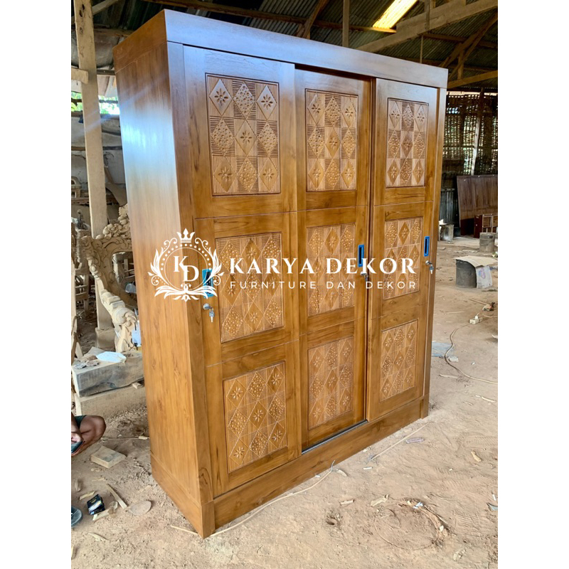 almari 3 pintu asli kayu jati / lemari sleeding / almari aesthetic / almari minimalis
