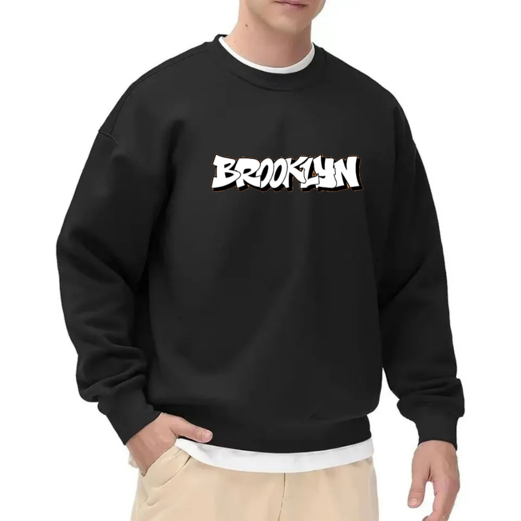 Baju sweater lengan panjang pria wanita sweter crewneck bahan fleece tebal tulisan brooklyn putih