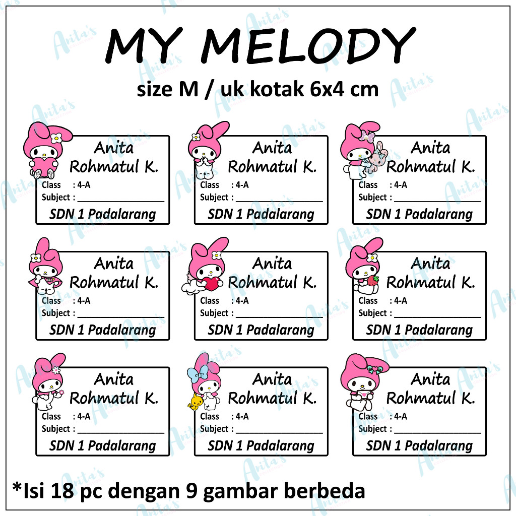 

18pc STIKER NAMA BUKU PELAJARAN ANAK SEKOLAH tema MY MELODY | size M / 6x4 cm | CUSTOM